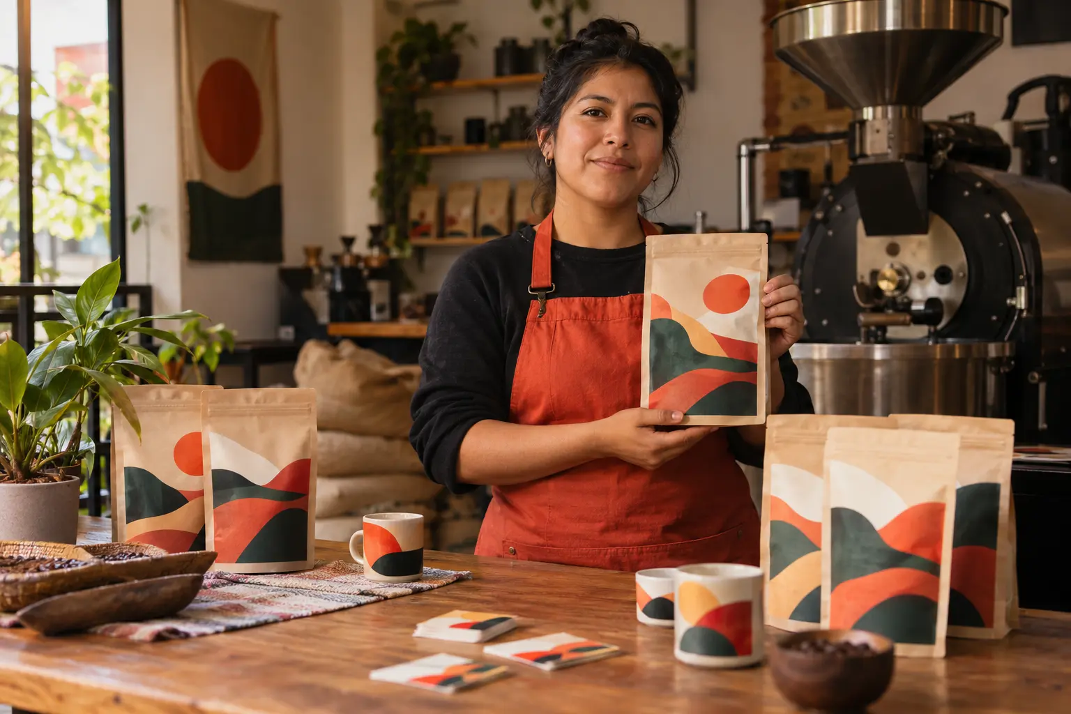 Emprendedora mostrando la bolsa de café con la nueva identidad de su marca