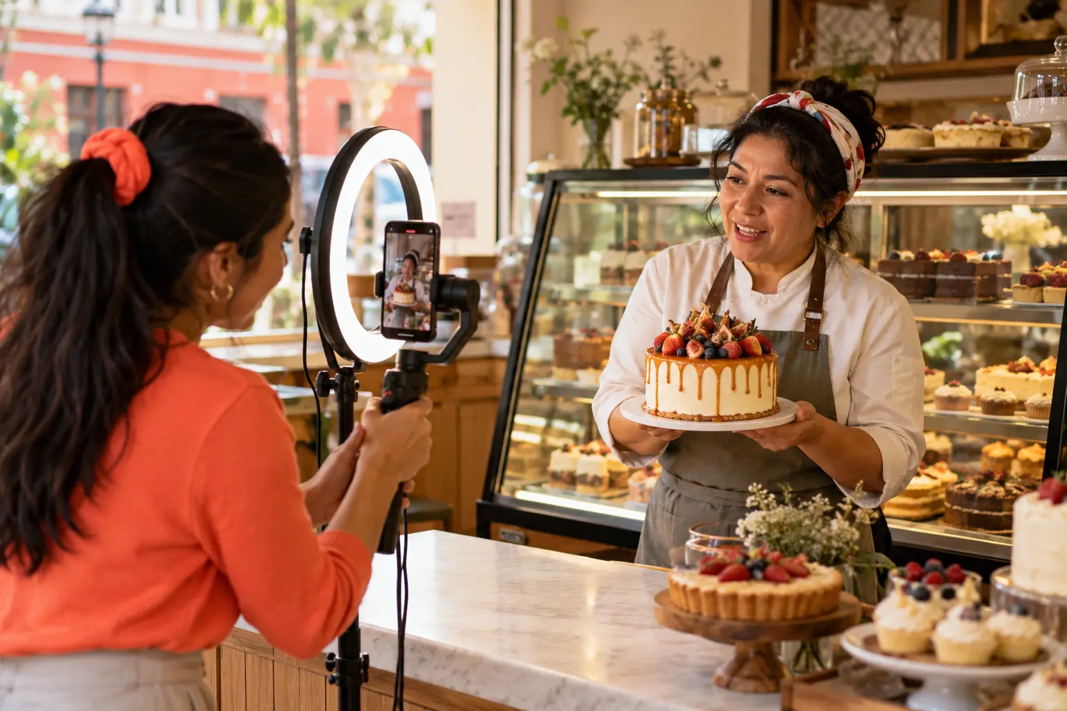 Creadora de contenido grabando un video de una torta en una pastelería
