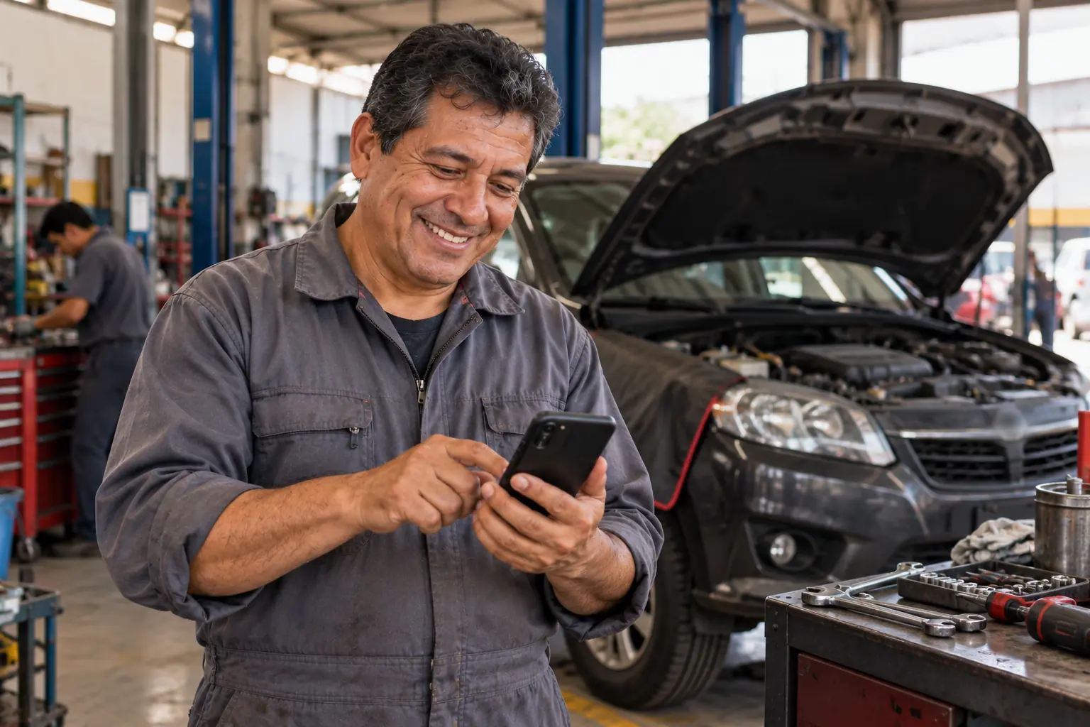 Dueño de un taller mecánico sonriendo al leer en su celular las reseñas de sus clientes