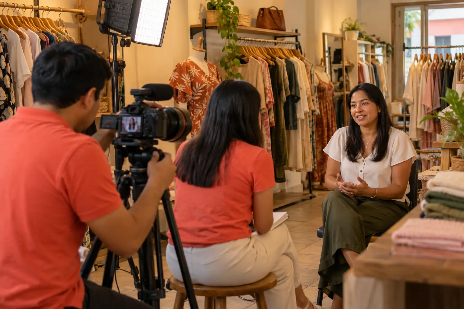 Equipo de la agencia grabando una entrevista a la dueña de una tienda de ropa