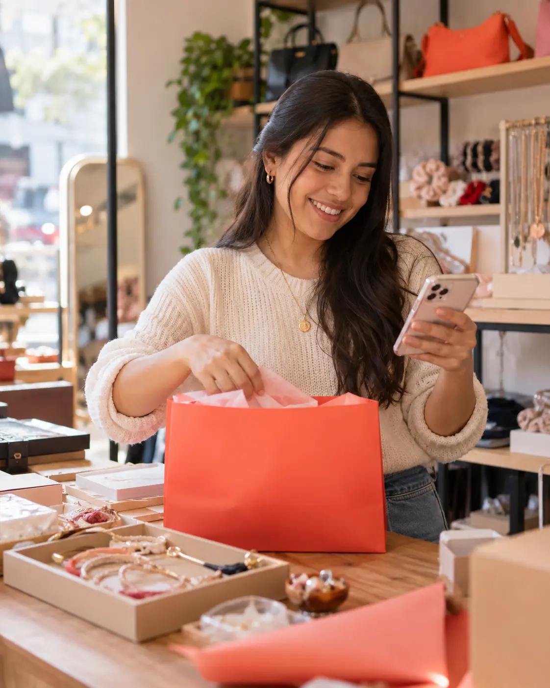 Dueña de una tienda de accesorios sonriendo al ver los mensajes de sus clientes mientras empaca un pedido