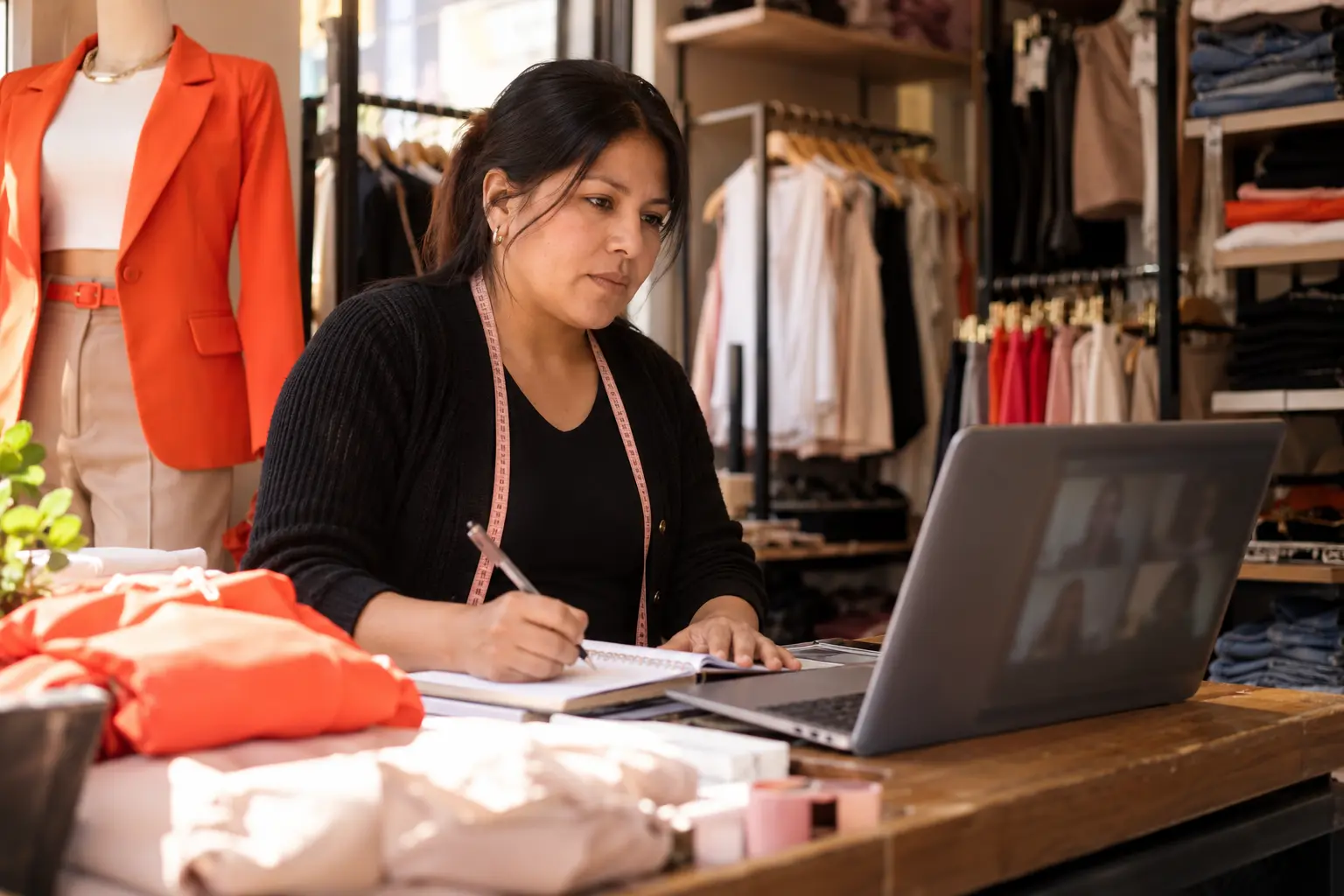 Dueña de una tienda de ropa en una videollamada con la agencia desde su mostrador