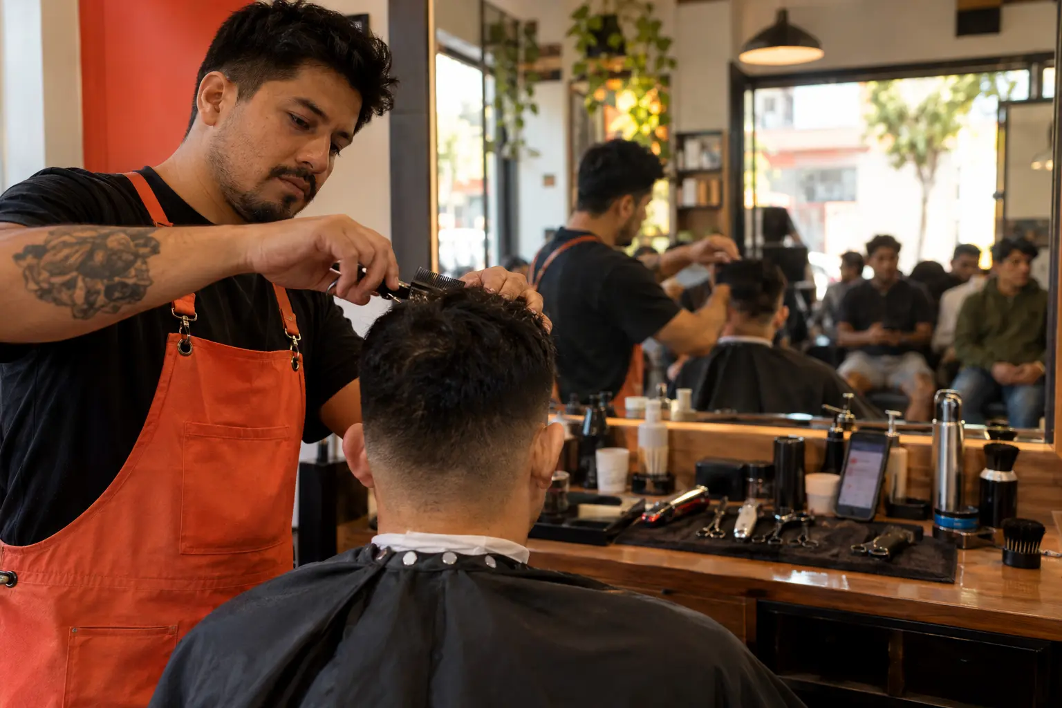 Dueño de una barbería atendiendo con más clientes esperando su turno