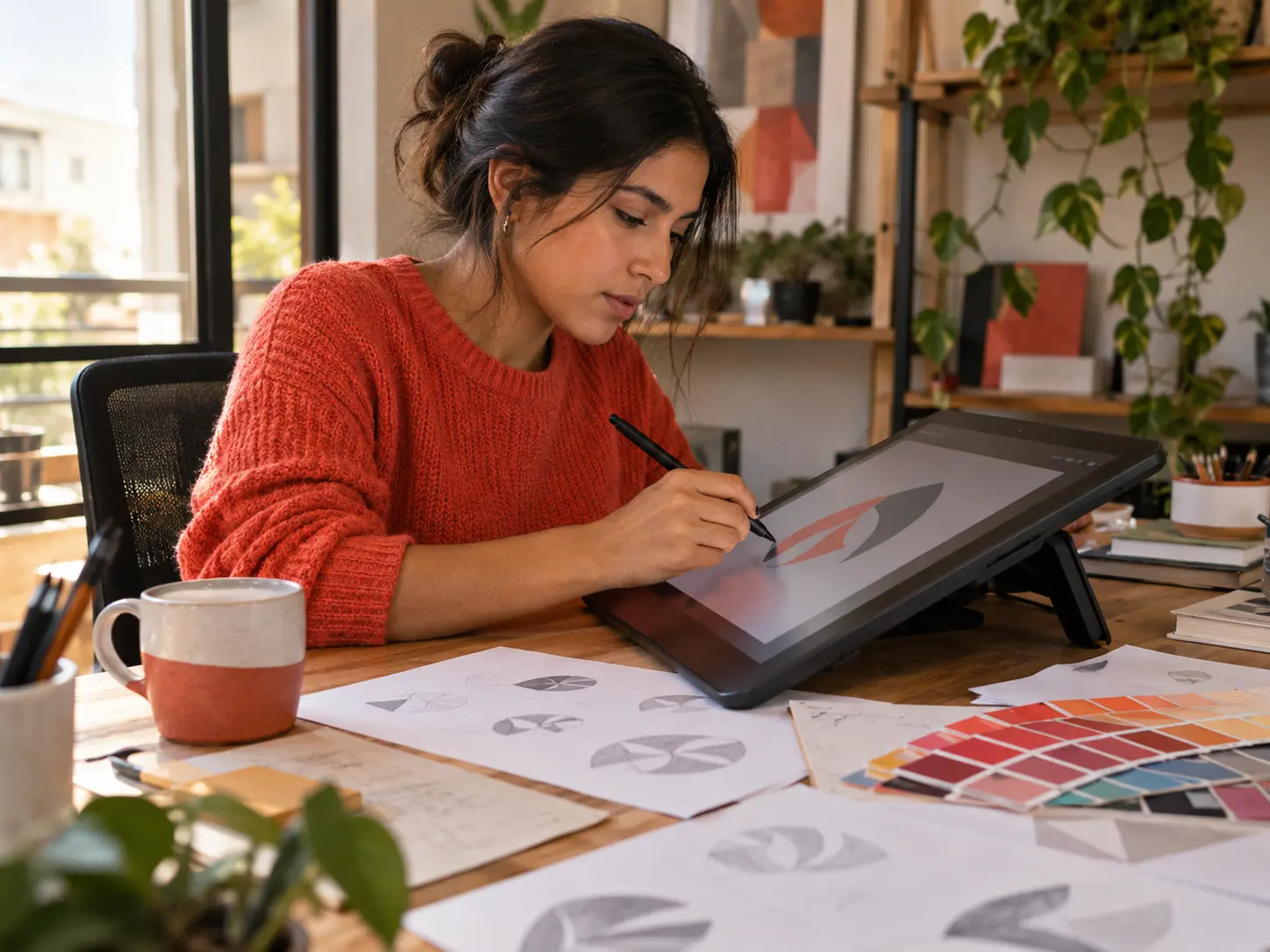 Diseñadora dibujando bocetos de un logo en una tableta gráfica