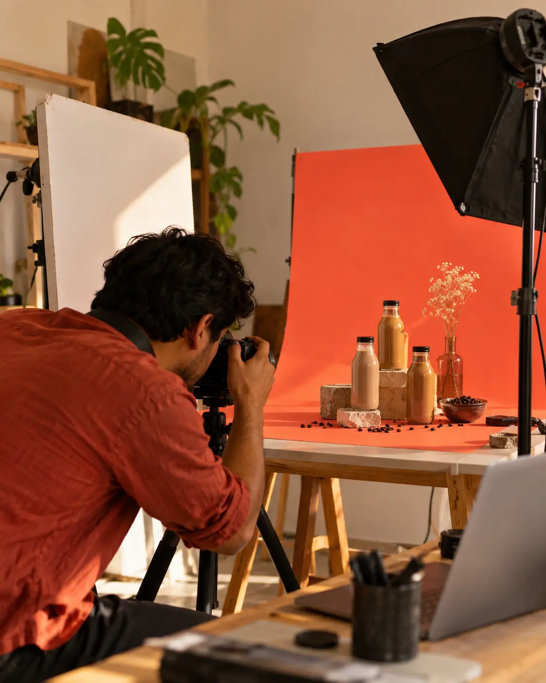 Fotógrafo haciendo fotos de producto sobre un fondo coral