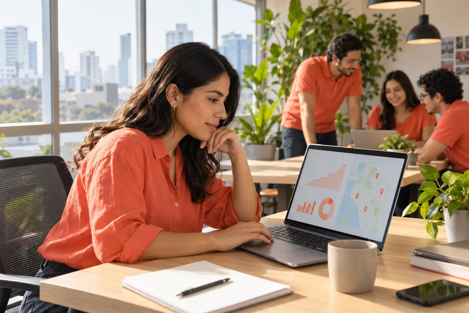 Estratega revisando en su laptop el crecimiento de las visitas y un mapa de búsquedas