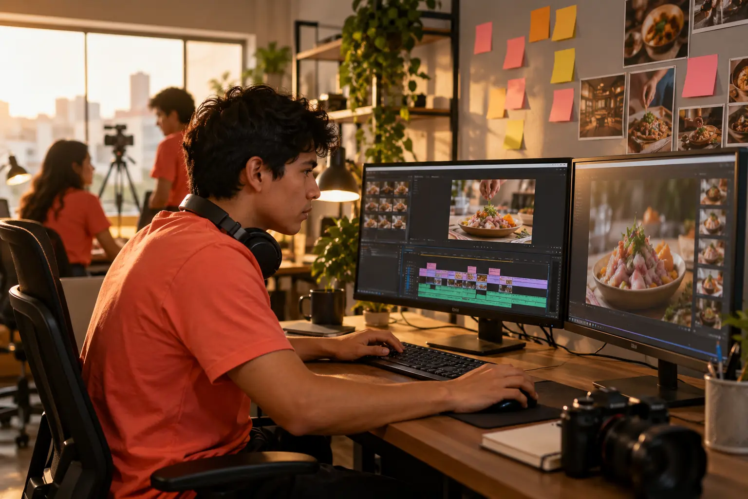 Editor de video montando un reel de un restaurante en dos monitores